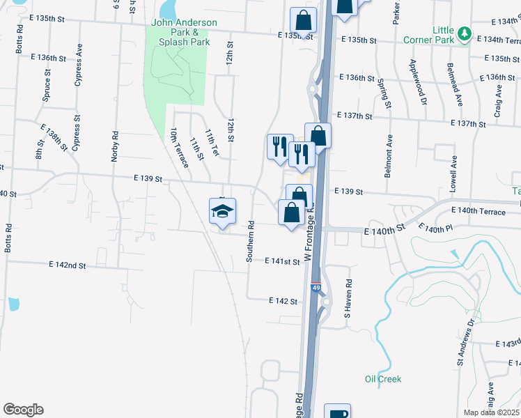 map of restaurants, bars, coffee shops, grocery stores, and more near 5600 East 140 Street in Grandview