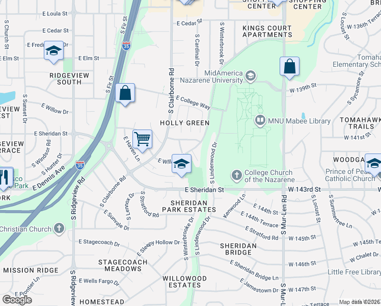 map of restaurants, bars, coffee shops, grocery stores, and more near 709 South Wood Street in Olathe