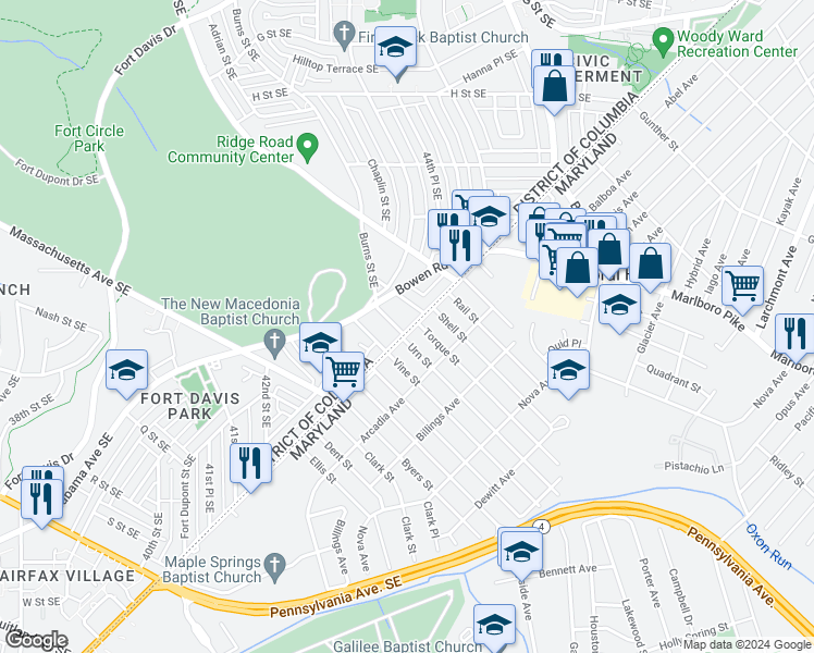map of restaurants, bars, coffee shops, grocery stores, and more near 4336 Southern Avenue Southeast in Washington