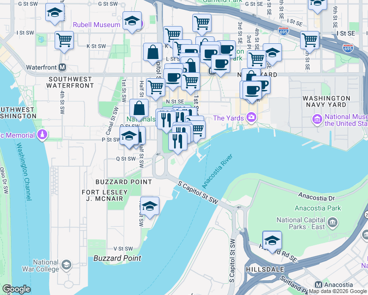 map of restaurants, bars, coffee shops, grocery stores, and more near 79 Potomac Avenue Southeast in Washington