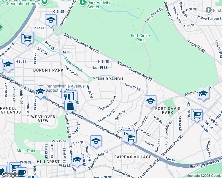 map of restaurants, bars, coffee shops, grocery stores, and more near 3534 Pope Street Southeast in Washington