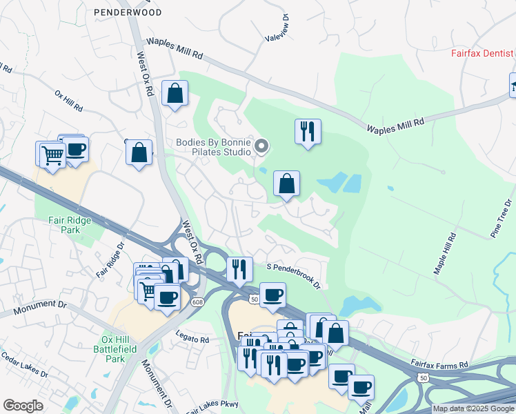 map of restaurants, bars, coffee shops, grocery stores, and more near 3801 Ridge Knoll Court in Fairfax