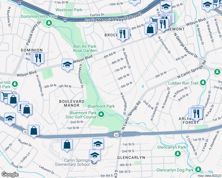 map of restaurants, bars, coffee shops, grocery stores, and more near 5721 5th Street North in Arlington