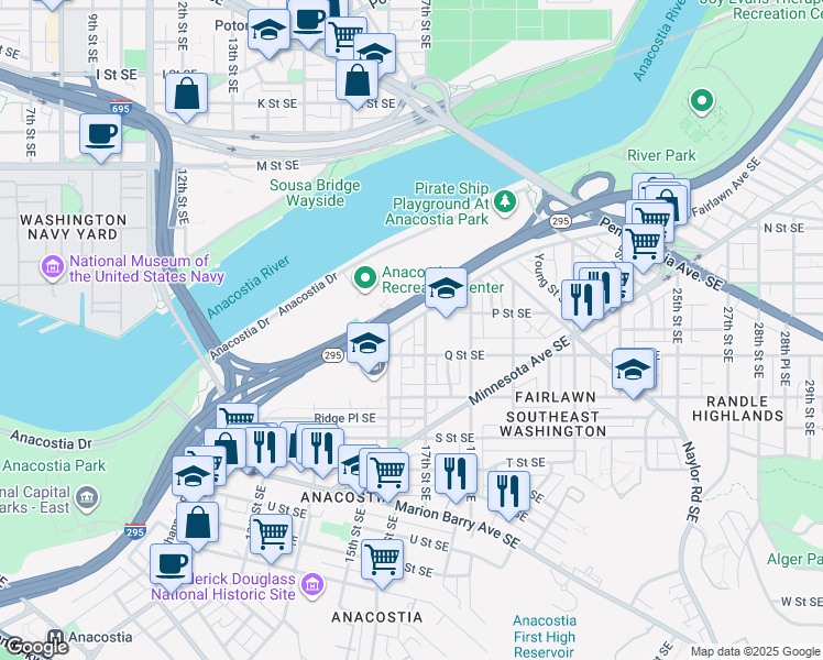 map of restaurants, bars, coffee shops, grocery stores, and more near 1629 Fairlawn Avenue Southeast in Washington