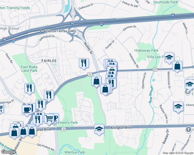 map of restaurants, bars, coffee shops, grocery stores, and more near 3050 Nutley Street Southwest in Fairfax