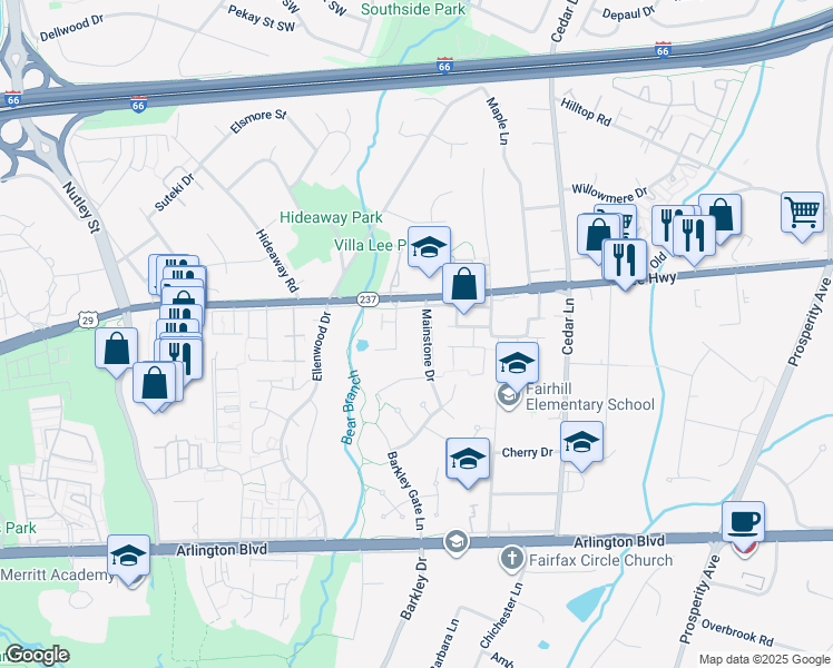 map of restaurants, bars, coffee shops, grocery stores, and more near 2916 Mainstone Drive in Fairfax