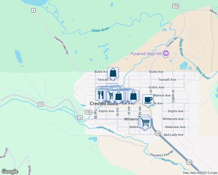 map of restaurants, bars, coffee shops, grocery stores, and more near 249-299 2nd Street in Crested Butte