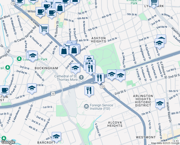 map of restaurants, bars, coffee shops, grocery stores, and more near 71 North Glebe Road in Arlington