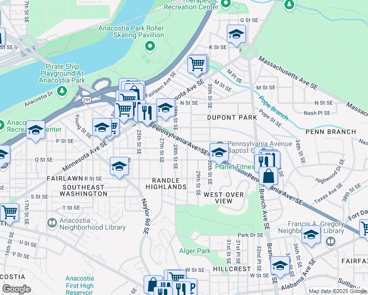 map of restaurants, bars, coffee shops, grocery stores, and more near 2813 Pennsylvania Avenue Southeast in Washington