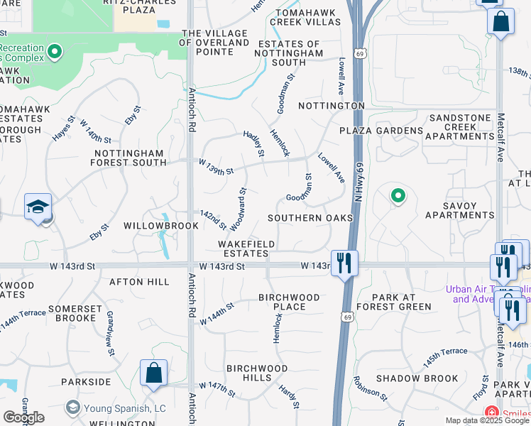 map of restaurants, bars, coffee shops, grocery stores, and more near 14200 Goodman Street in Overland Park