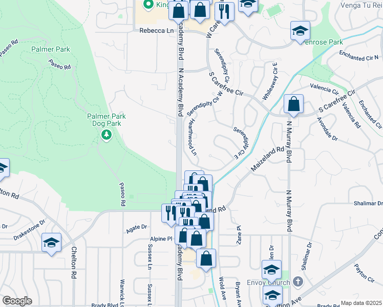 map of restaurants, bars, coffee shops, grocery stores, and more near 2605 Hearthwood Lane in Colorado Springs