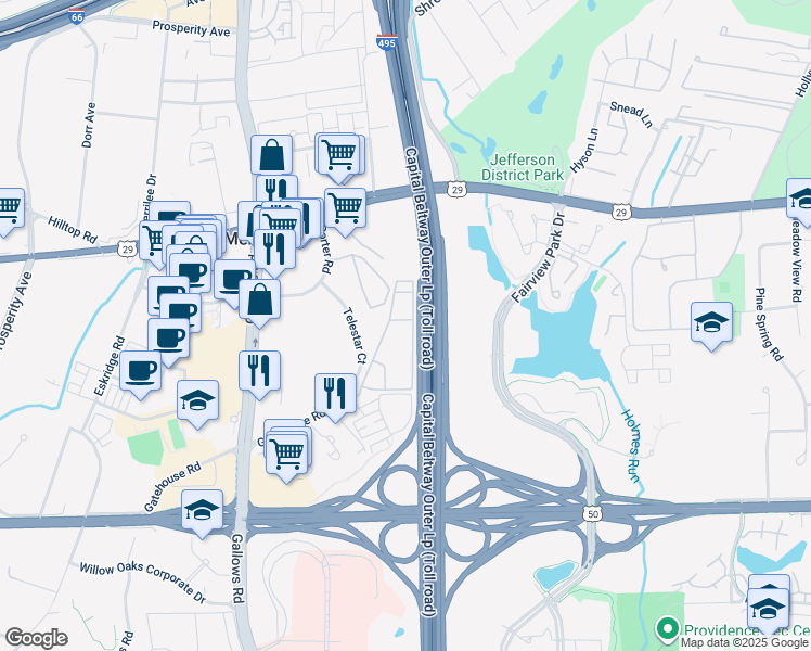 map of restaurants, bars, coffee shops, grocery stores, and more near 8001 Chanute Place in Falls Church