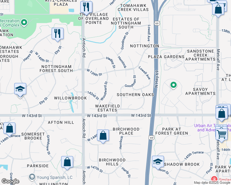 map of restaurants, bars, coffee shops, grocery stores, and more near 14200 Goodman Street in Overland Park