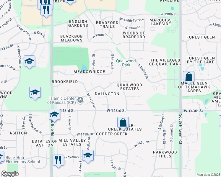 map of restaurants, bars, coffee shops, grocery stores, and more near 14312 West 142nd Street in Olathe