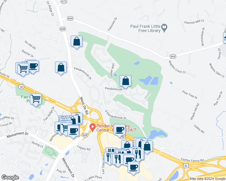 map of restaurants, bars, coffee shops, grocery stores, and more near 3801 Ridge Knoll Court in Fairfax
