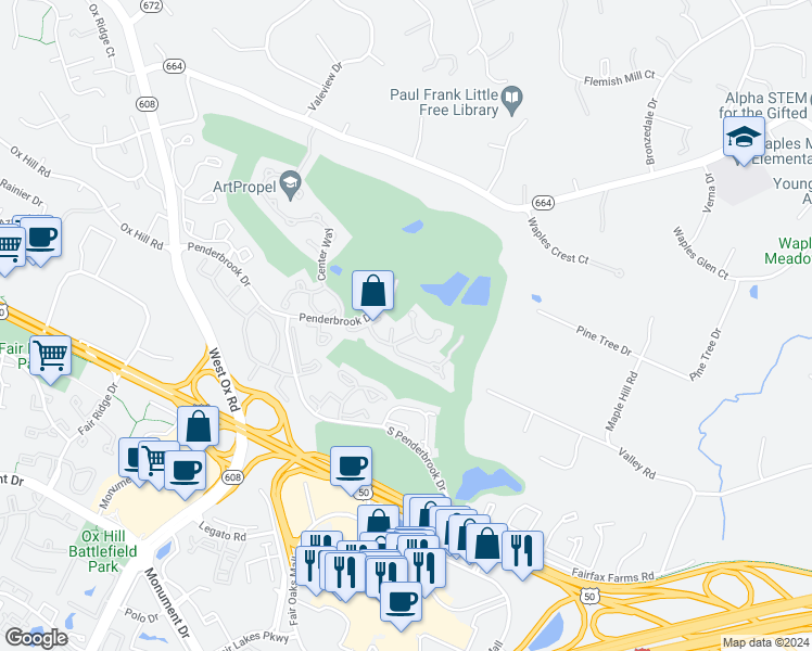 map of restaurants, bars, coffee shops, grocery stores, and more near 11921 Parkland Court in Fairfax