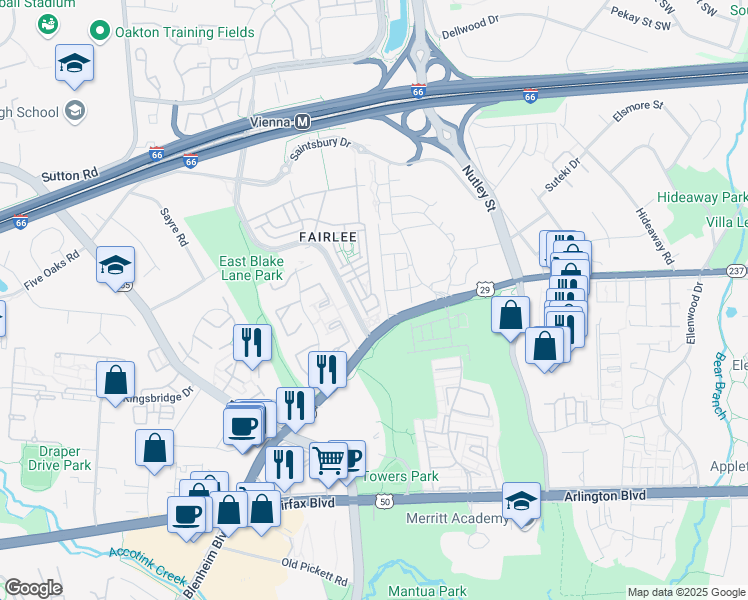 map of restaurants, bars, coffee shops, grocery stores, and more near 9644 Pullman Place in Fairfax