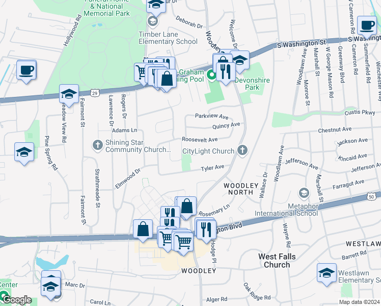 map of restaurants, bars, coffee shops, grocery stores, and more near 7214 Rice Street in Falls Church