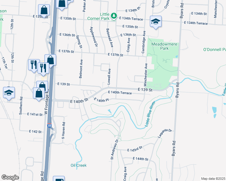 map of restaurants, bars, coffee shops, grocery stores, and more near 6404 East 140th Terrace in Grandview