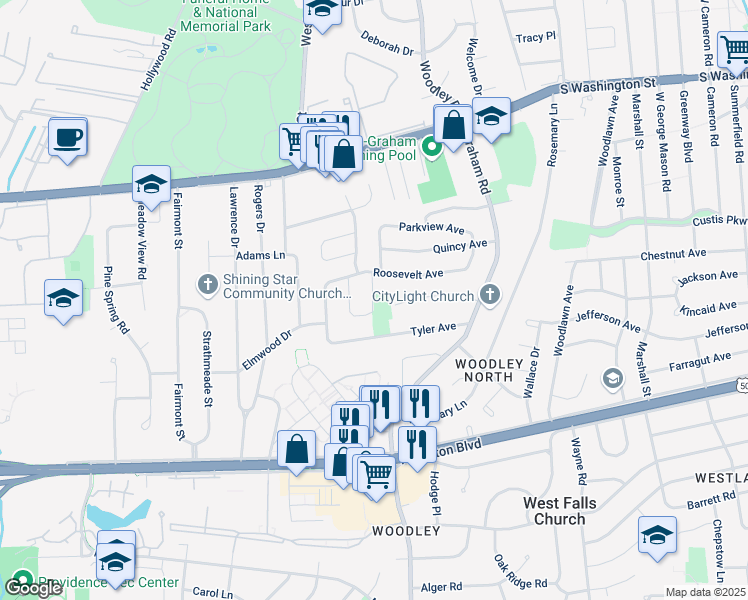 map of restaurants, bars, coffee shops, grocery stores, and more near 2936 Irvington Road in Falls Church