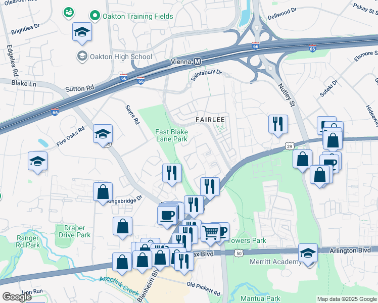 map of restaurants, bars, coffee shops, grocery stores, and more near 3010 Winter Pine Court in Fairfax