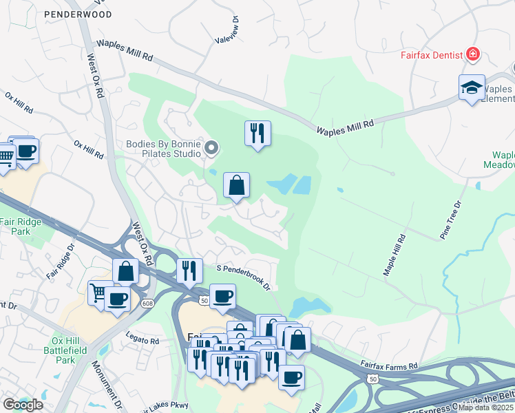 map of restaurants, bars, coffee shops, grocery stores, and more near 11921 Parkland Court in Fairfax