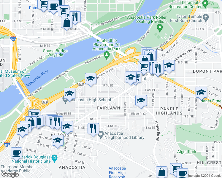 map of restaurants, bars, coffee shops, grocery stores, and more near 1510 19th Street Southeast in Washington