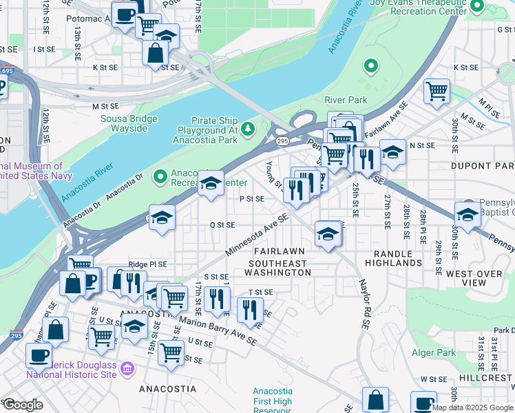 map of restaurants, bars, coffee shops, grocery stores, and more near 1510 19th Street Southeast in Washington