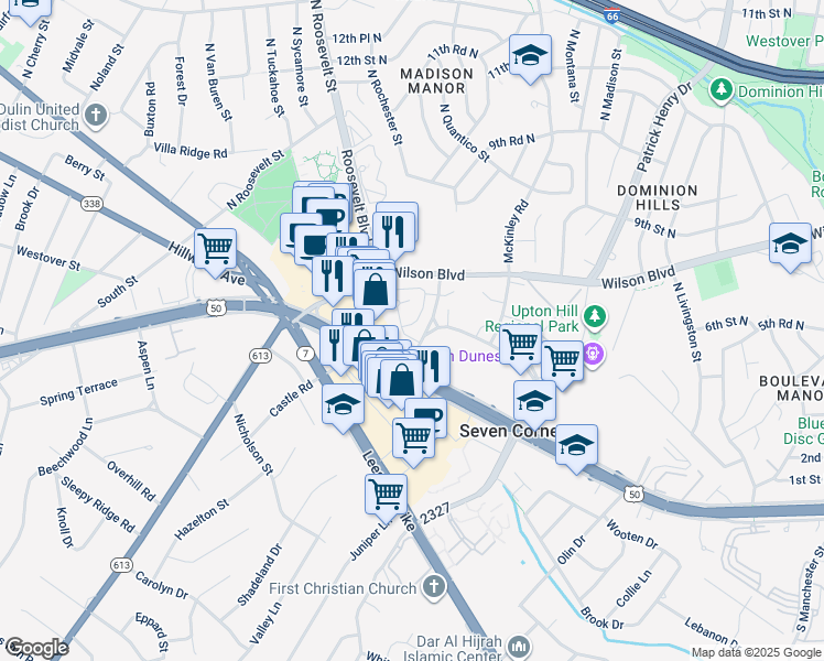 map of restaurants, bars, coffee shops, grocery stores, and more near 2921 Willston Place in Falls Church