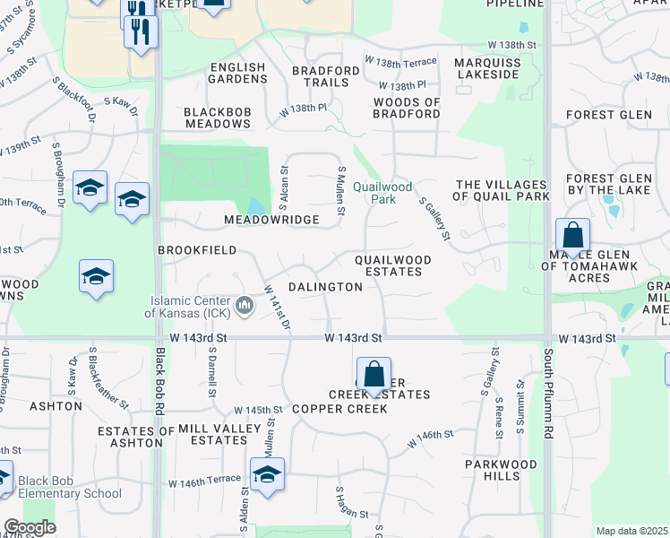 map of restaurants, bars, coffee shops, grocery stores, and more near 14312 West 142nd Street in Olathe