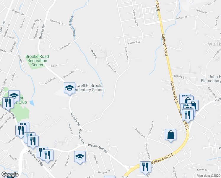 map of restaurants, bars, coffee shops, grocery stores, and more near 1319 Upcot Court in Capitol Heights
