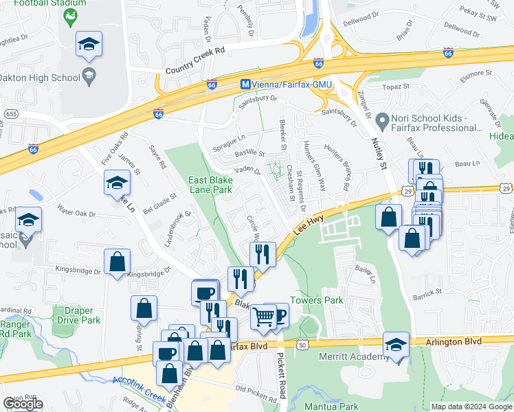map of restaurants, bars, coffee shops, grocery stores, and more near 3021 Hickory Grove Court in Fairfax