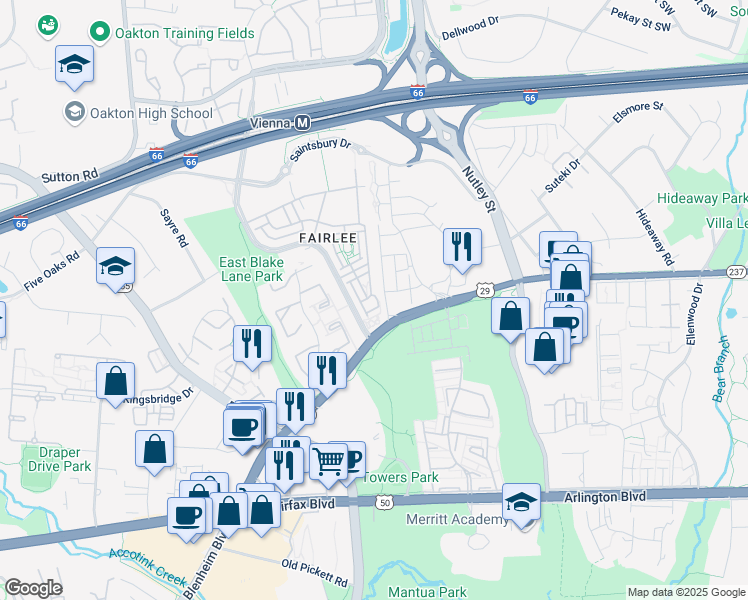 map of restaurants, bars, coffee shops, grocery stores, and more near 9642 Pullman Place in Fairfax