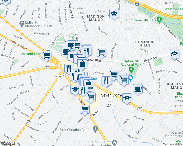map of restaurants, bars, coffee shops, grocery stores, and more near 2921 Willston Place in Falls Church