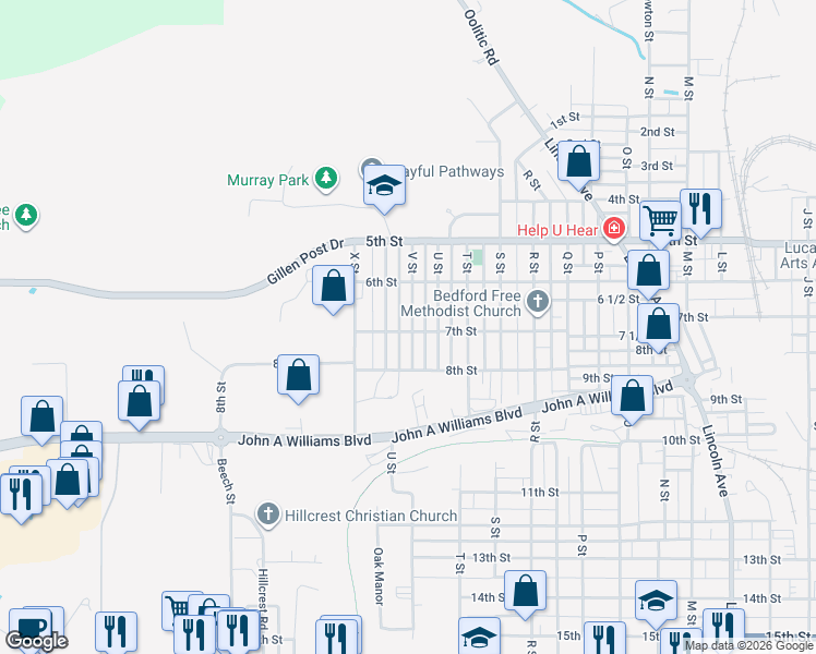 map of restaurants, bars, coffee shops, grocery stores, and more near 714 W Street in Bedford