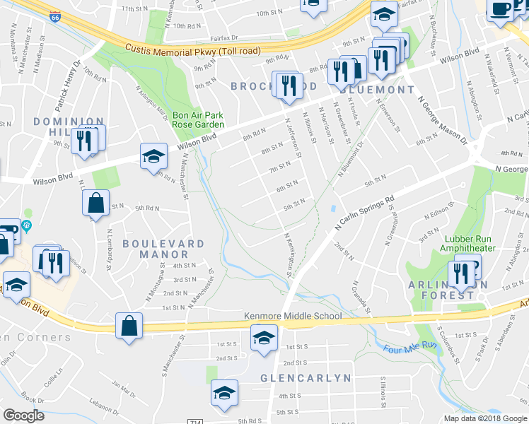 map of restaurants, bars, coffee shops, grocery stores, and more near 5711 5th St N in Arlington