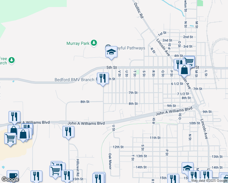 map of restaurants, bars, coffee shops, grocery stores, and more near 714 W Street in Bedford