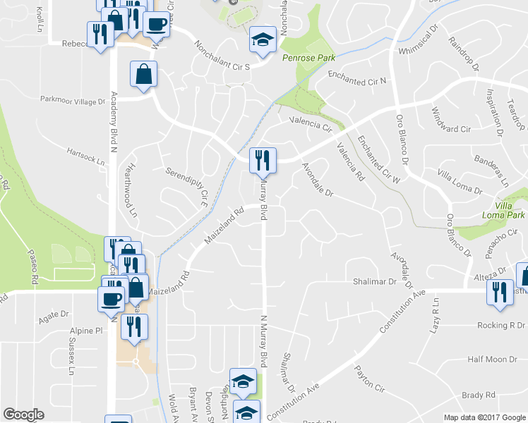 map of restaurants, bars, coffee shops, grocery stores, and more near 2775 North Murray Boulevard in Colorado Springs
