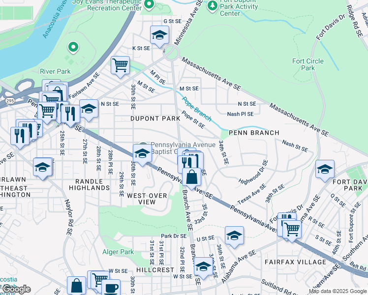 map of restaurants, bars, coffee shops, grocery stores, and more near 3201 O Street Southeast in Washington