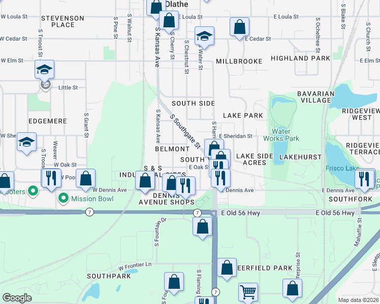 map of restaurants, bars, coffee shops, grocery stores, and more near 718 South Chestnut Street in Olathe
