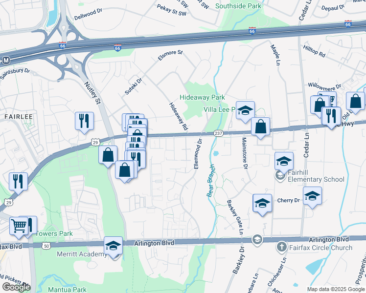 map of restaurants, bars, coffee shops, grocery stores, and more near 2918 Everleigh Way in Fairfax