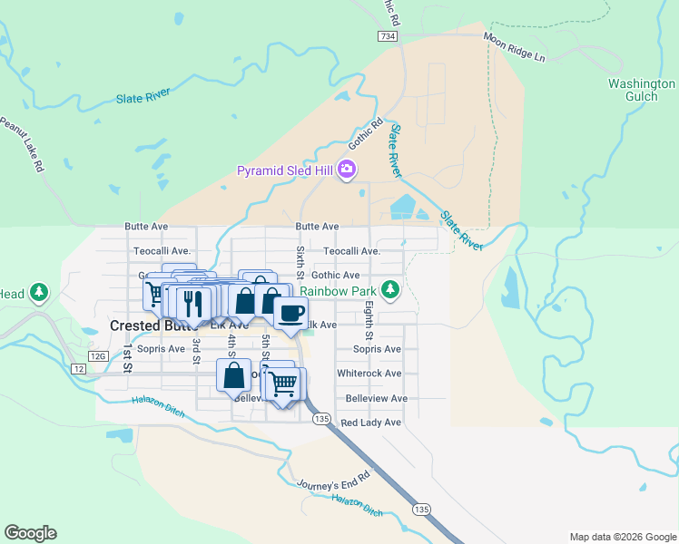 map of restaurants, bars, coffee shops, grocery stores, and more near 721 Maroon Avenue in Crested Butte