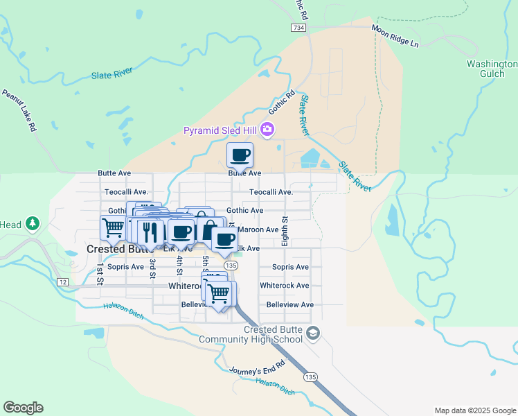map of restaurants, bars, coffee shops, grocery stores, and more near 721 Maroon Avenue in Crested Butte