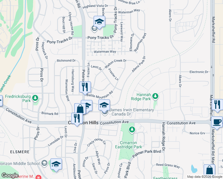 map of restaurants, bars, coffee shops, grocery stores, and more near 2635 Lone Tree Court in Colorado Springs