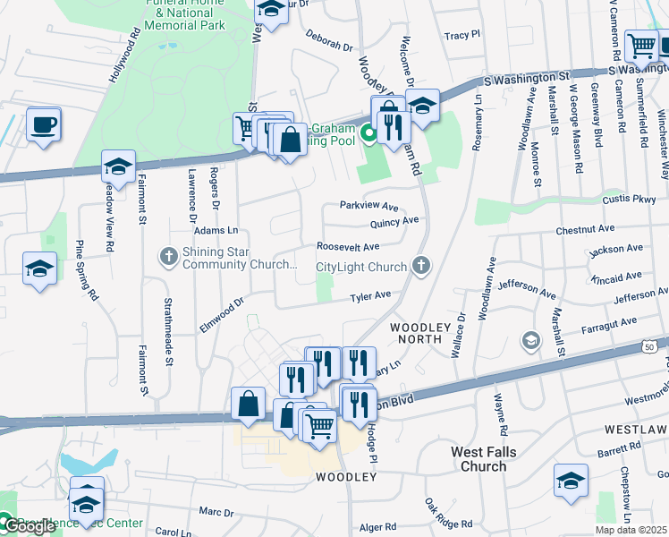 map of restaurants, bars, coffee shops, grocery stores, and more near 7214 Rice Street in Falls Church
