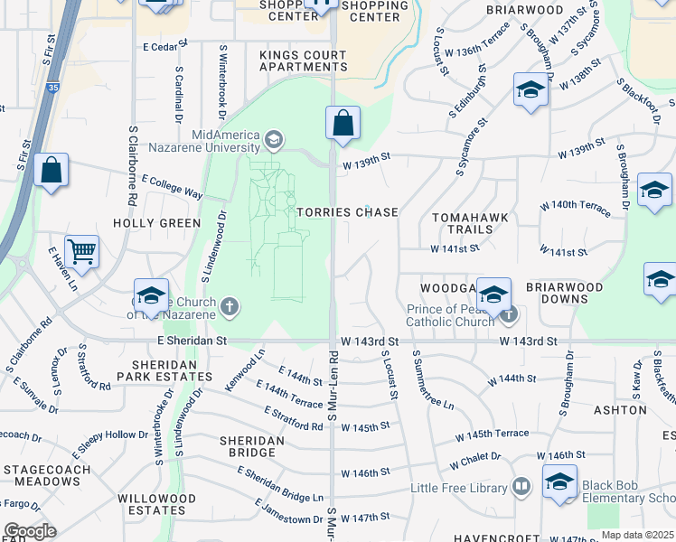 map of restaurants, bars, coffee shops, grocery stores, and more near 16623 West 141st Street in Olathe