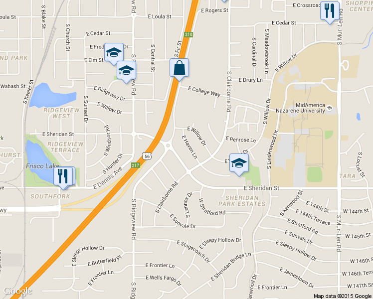 map of restaurants, bars, coffee shops, grocery stores, and more near 1428 East Sheridan Street in Olathe
