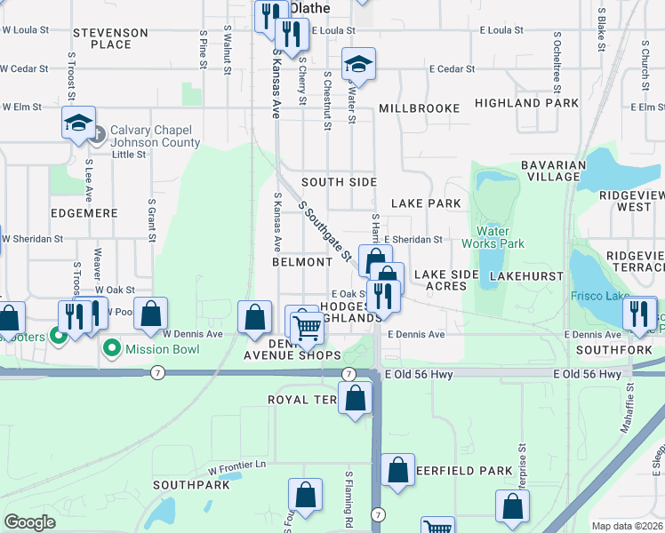 map of restaurants, bars, coffee shops, grocery stores, and more near 718 South Chestnut Street in Olathe