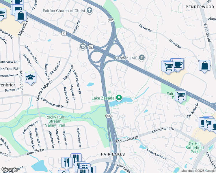 map of restaurants, bars, coffee shops, grocery stores, and more near 12614 Victoria Station Court in Fairfax