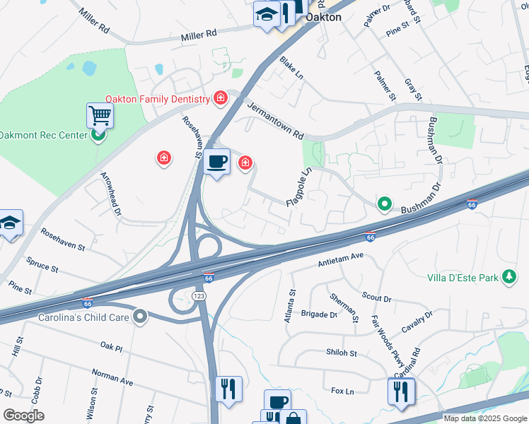 map of restaurants, bars, coffee shops, grocery stores, and more near 10369 Granite Creek Lane in Oakton
